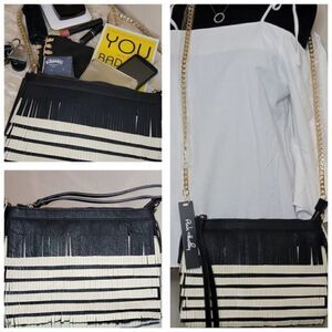 Black/Tan Fringe Vegan Leathe Clutch/Crossbody Bag